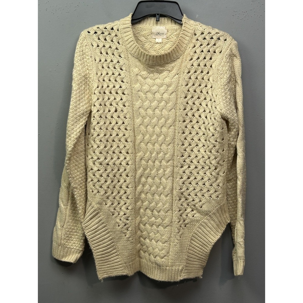 Misia Sweater Womens Large White Cable‎ Knit Open Weave Pullover Long Sleeve